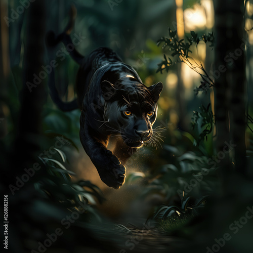 Majestic black panther mid-stride, golden morning
