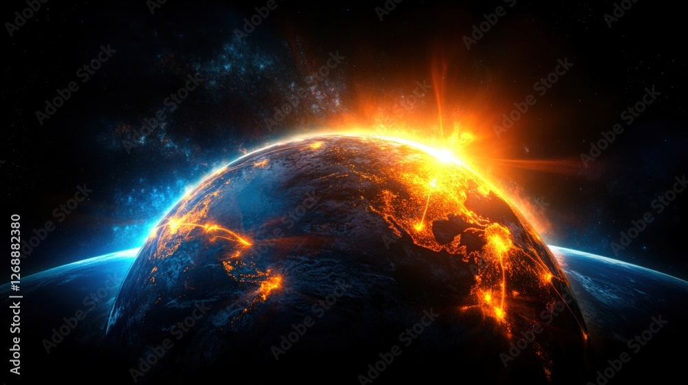 Large asteroid flying over earth with a view of a night global virtual internet connection world Large asteroid flying over earth with a view of a night global virtual internet connection world
