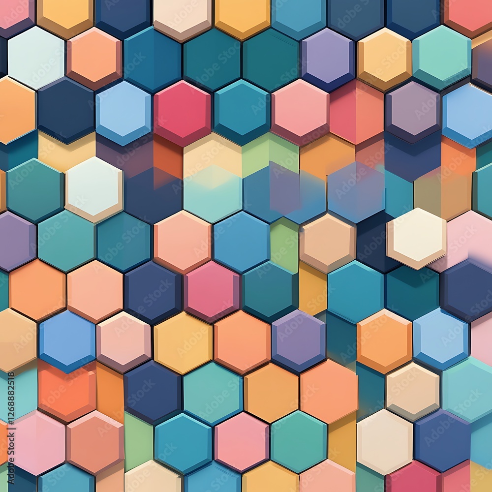 A vibrant array of hexagonal shapes in various colors creates a striking abstract pattern A vibrant array of hexagonal shapes in various colors creates a striking abstract pattern