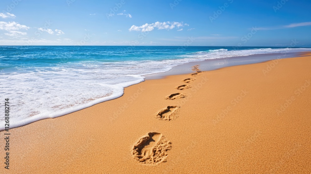 Fototapeta premium A quiet beach with footprints in the sand leading to the ocean