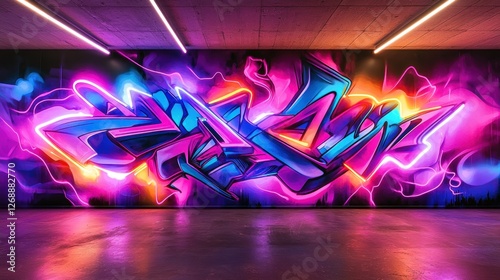 Fototapeta Naklejka Na Ścianę i Meble -  Neon graffiti wall art in underground tunnel