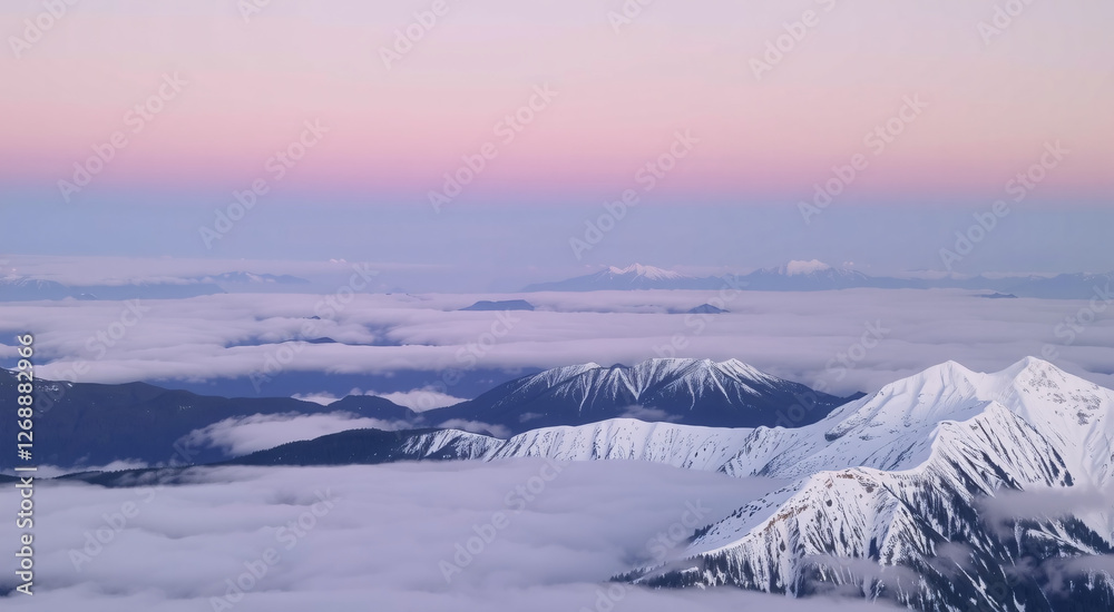 High Angle View of Snow Capped Mountain Range Through Fog with Pink Sky High Angle View of Snow Capped Mountain Range Through Fog with Pink Sky