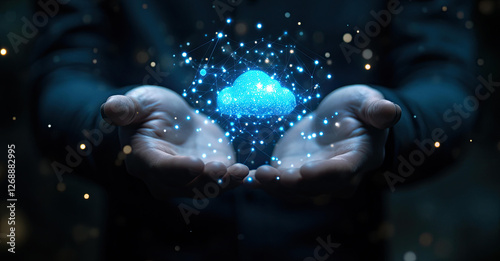 A Person Gently Holding a Glowing Digital Cloud Network in Their Hands Representing Cloud Computing and Data Connectivity