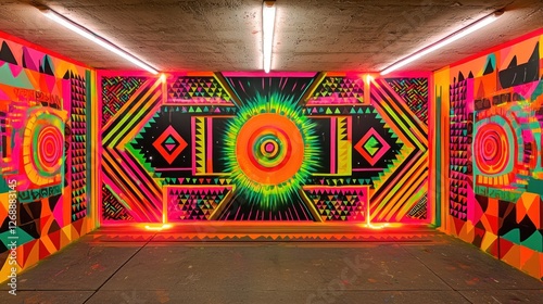 Vibrant mural in neon-lit underground room photo