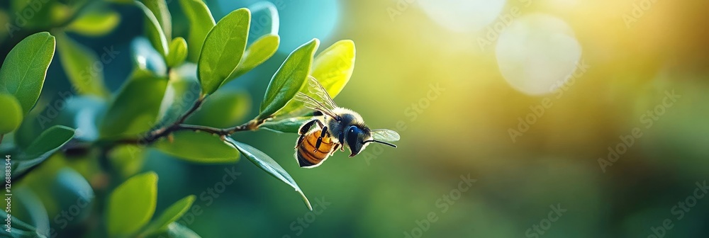Bee on Green Leaf in Sunlight - A close-up of a honeybee collecting pollen from a vibrant green leaf, bathed in warm sunlight