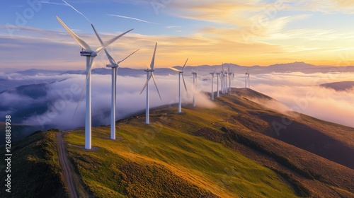 A scenic wind farm with white turbines set against a golden sunset sky