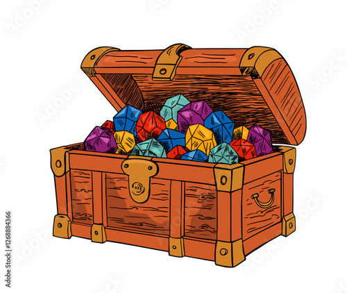 Treasure chest. Pirate wealth. Open old chest with diamonds. Color sketch