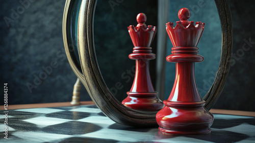 Red chess queen reflected in vintage mirror on a chessboard. The piece is poised, creating a surreal, strategic atmosphere. photo