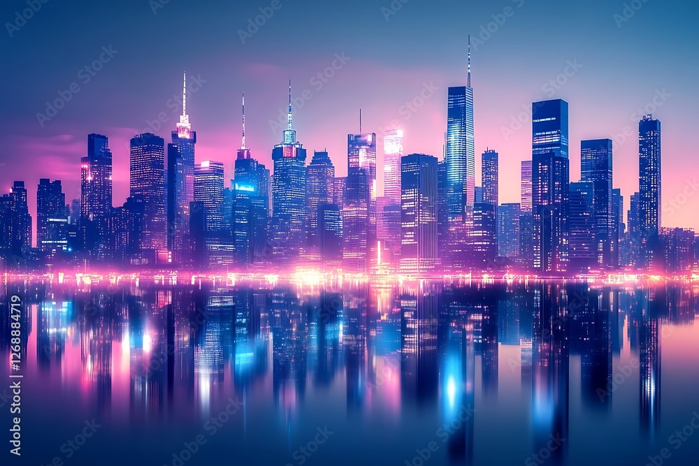 Fototapeta premium Cityscape with reflection of skyscrapers in the water at night