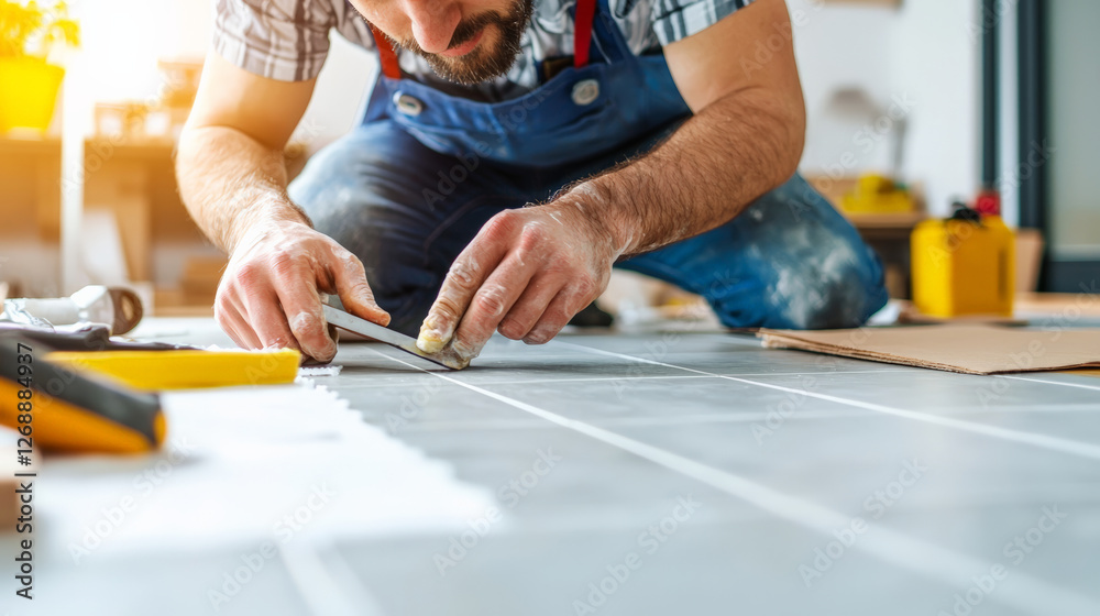 Close up of man repairing tiles with tools, showcasing craftsmanship and focus Close up of man repairing tiles with tools, showcasing craftsmanship and focus