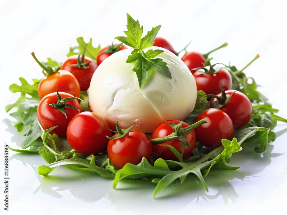 Delicious Mozzarella Ball with Tomatoes and Arugula – Night Food Photography