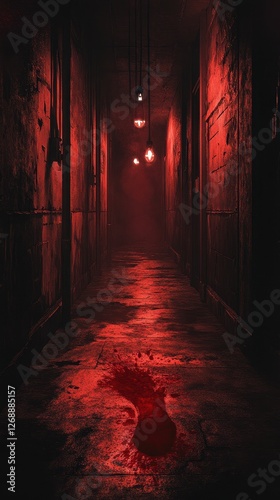 Dimly lit and ominous hallway with ominous bloodstains on floor photo