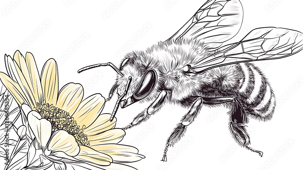 Obraz premium Detailed Illustration of a Bee Pollinating a Yellow Flower