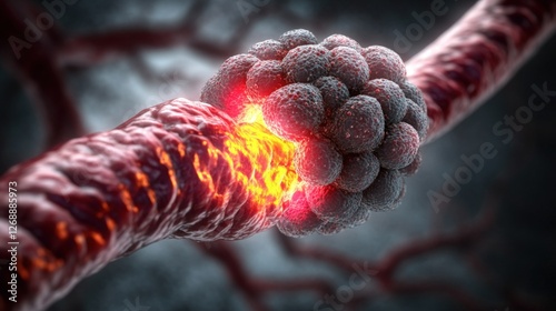 Close up of red and black substance with red blood cell in artery representing blood flow in oncology