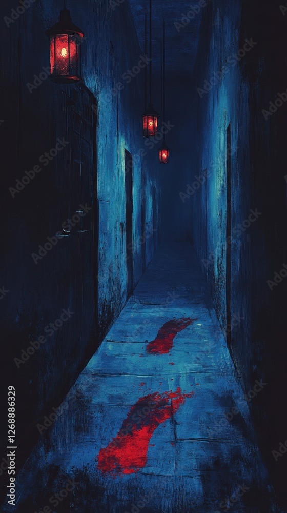 Dark eerie hallway illuminated by hanging lanterns with bloody footprints Dark eerie hallway illuminated by hanging lanterns with bloody footprints