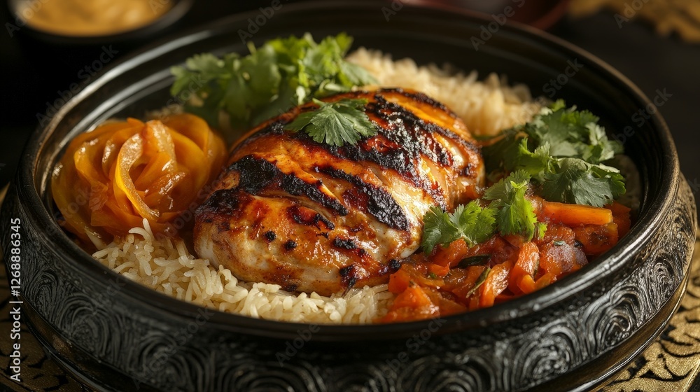 A delicious plate of grilled chicken served with rice and garnished with vegetables and herbs. A delicious plate of grilled chicken served with rice and garnished with vegetables and herbs.