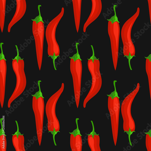 Chili pepper seamless pattern. Flat red hot chili peppers on a black background. Spicy food ingredient