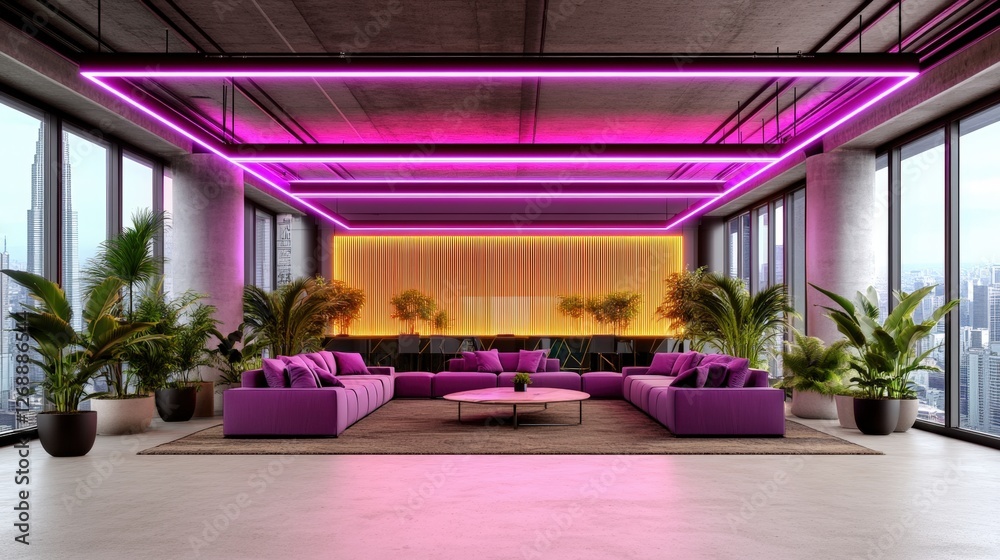 Modern cyberpunk office interior featuring couch chairs table and neon lighting in open space design Modern cyberpunk office interior featuring couch chairs table and neon lighting in open space design