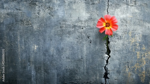 Orange flower growing powerfully through a crack in the wall