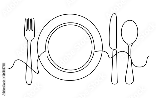 Fork, knife, spoon and plate drawn with a minimalist approach. This drawing created with a continuous single line reflects the elegance of the cutlery set.