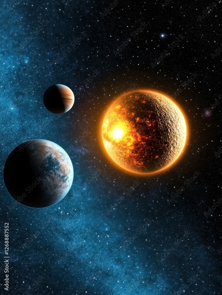 Obraz premium Cosmic Inferno Celestial Dance - A fiery planet explodes, its energy impacting nearby celestial bodies. Symbolizing destruction, rebirth, power, chaos and the vastness of space