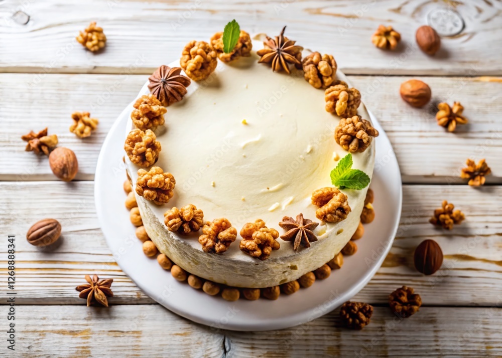 Delicious Walnut Birthday Cake on White Background - Festive Dessert Photography Delicious Walnut Birthday Cake on White Background - Festive Dessert Photography
