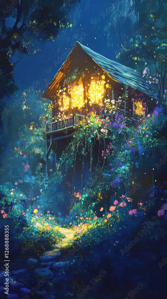 Naklejka premium Vibrant wooden cabin surrounded by luminescent flowers in a serene nighttime setting