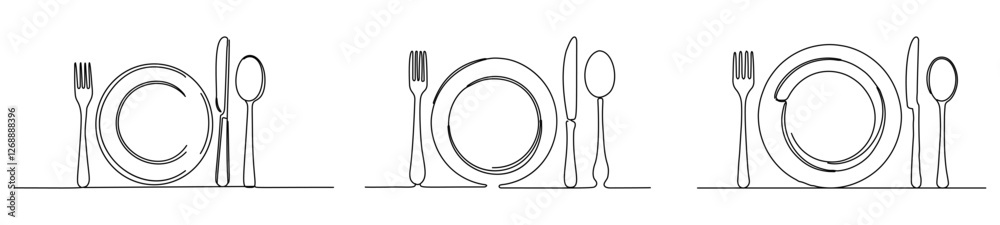 Fork, knife, spoon and plate, each designed with a minimalist single line. The white background creates a simple but effective look. Fork, knife, spoon and plate, each designed with a minimalist single line. The white background creates a simple but effective look.