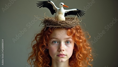 a young woman with curly reddish-blonde hair  her head sits a bird's nest containing a single, speckled egg. white stork with black wingtips is perched on the nest