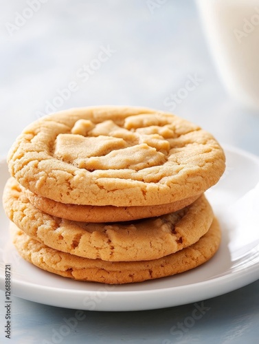 Delicious Homemade Peanut Butter Cookies and Milk - Three golden-brown peanut butter cookies stacked on a white plate, beside a glass of milk. Symbolizing comfort, home baking, sweetness, indulgence photo