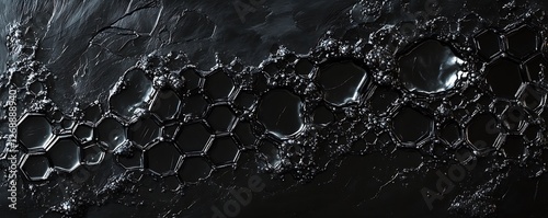 An abstract representation of molecular structures, showcasing intricate patterns and textures reminiscent of organic compounds and chemical reactions in a dark, captivating enviro