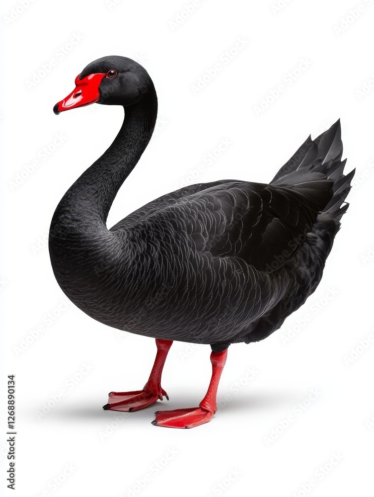 Obraz premium Elegant Black Swan - A striking of a black swan with vibrant red feet and beak, set against a pure white background