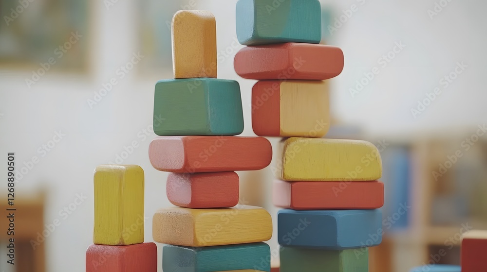 Colorful Wooden Blocks Stacked High- Educational Toy Image Colorful Wooden Blocks Stacked High- Educational Toy Image