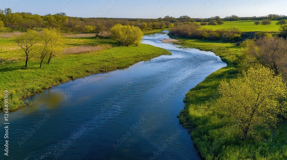High-angle drone shot captures a winding river surrounded by lush greenery in the golden light of early afternoon