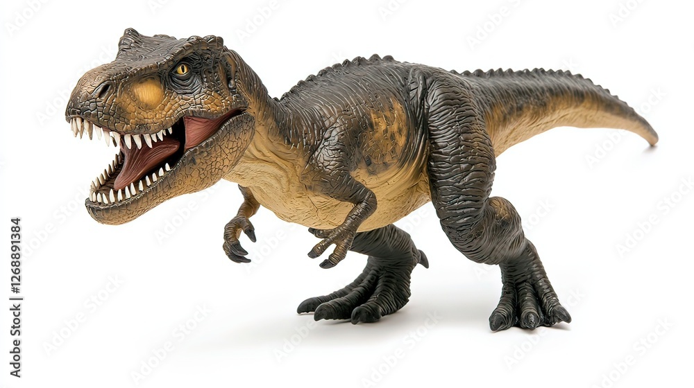 Menacing T-Rex figurine with sharp teeth, isolated and striking, conveying primal ferocity and raw power. Menacing T-Rex figurine with sharp teeth, isolated and striking, conveying primal ferocity and raw power.