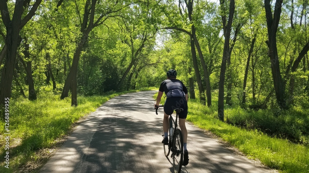 Cyclist enjoys a tranquil ride on a paved path surrounded by lush green trees on a sunny day Cyclist enjoys a tranquil ride on a paved path surrounded by lush green trees on a sunny day