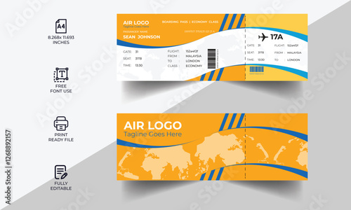 Realistic airline ticket design with passenger name. Vector illustration, Vector illustration of pattern of airline boarding pass ticket in red colors. Concept of travel, journey or business trip