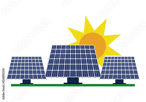 Parque de paneles solares con sol detrás