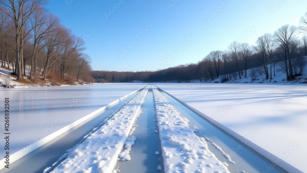 Obraz premium Family skating day, Frozen river bare trees blue sky skate marks intersect.