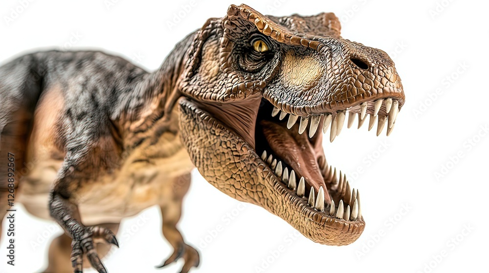 Obraz premium Menacing T-Rex figurine with sharp teeth, isolated and striking, conveying primal ferocity and raw power.