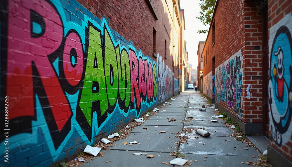 Fototapeta premium Vibrant street art in urban alley with scattered trash during daytime