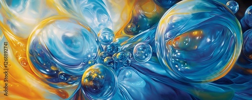 A vivid illustration featuring swirling bubbles in shades of blue and yellow. This abstract image creates a sense of movement and depth, perfect for artistic projects and designs. photo