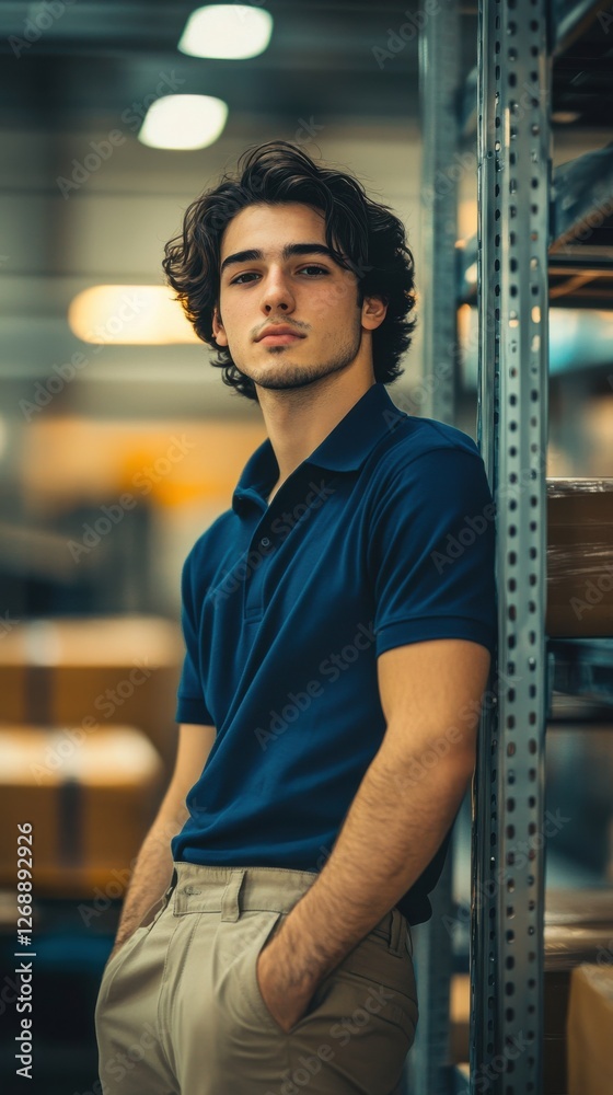 Fototapeta premium Young man in a warehouse setting, casually leaning against a metal shelf during afternoon lighting