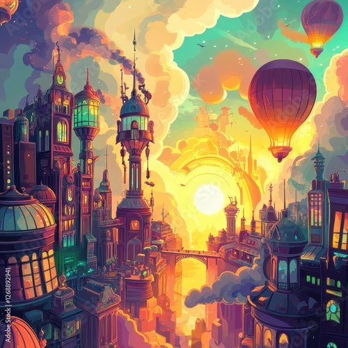 Steampunk city with soaring balloons under a bright sun photo