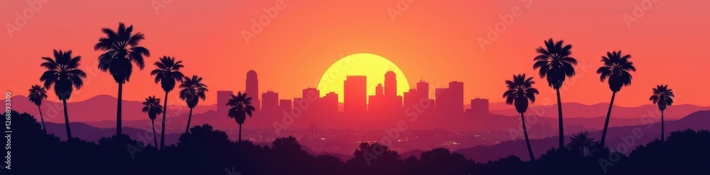 Fototapeta premium Iconic LA skyline, palm trees silhouette at sunset, los angeles, urban