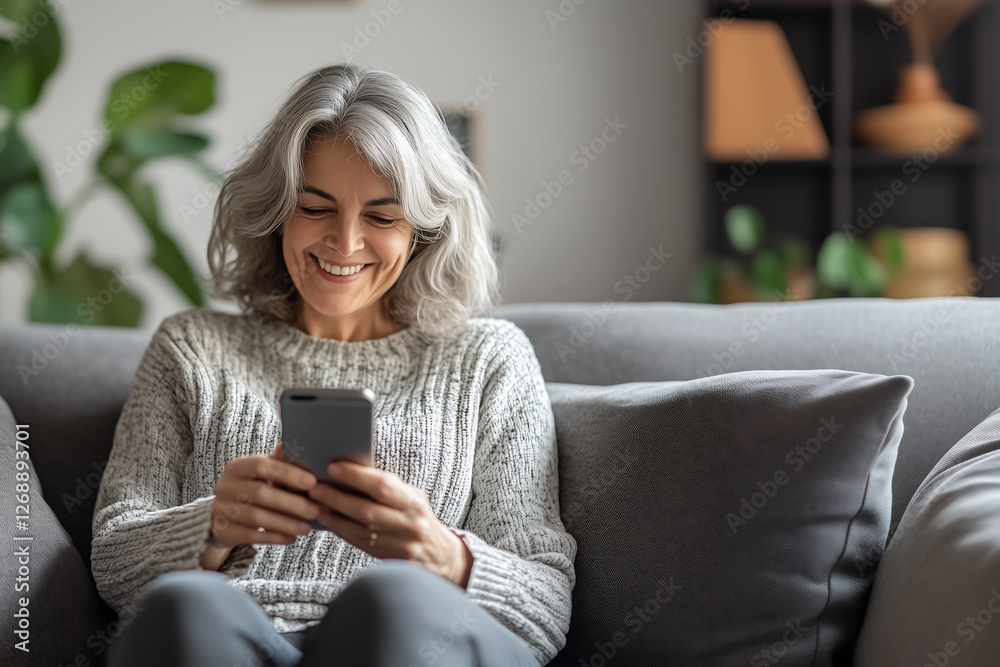 Middle-aged woman sitting on the sofa in her living room Middle-aged woman sitting on the sofa in her living room