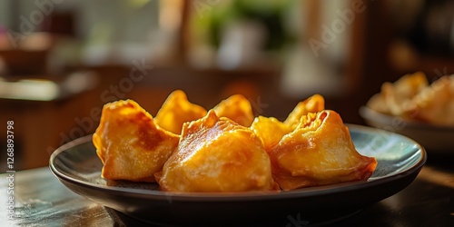 Delicious ukrainian deep fried dumplings resting on plate in restaurant setting photo