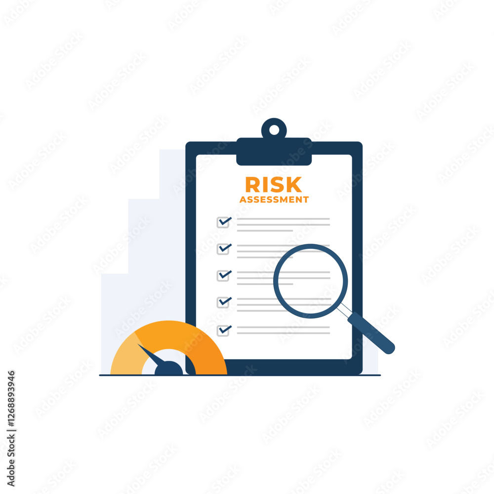 Clipboard with Magnifying Glass and Scale Vector Illustration. Risk Assessment Concept Design