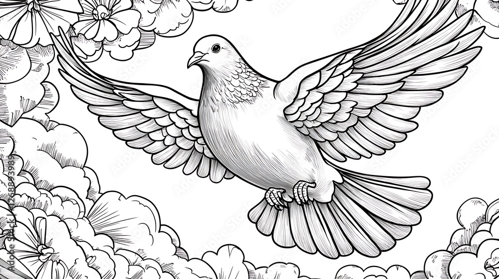 Fototapeta premium Elegant Flying Dove Surrounded by Flowers in Black and White Art