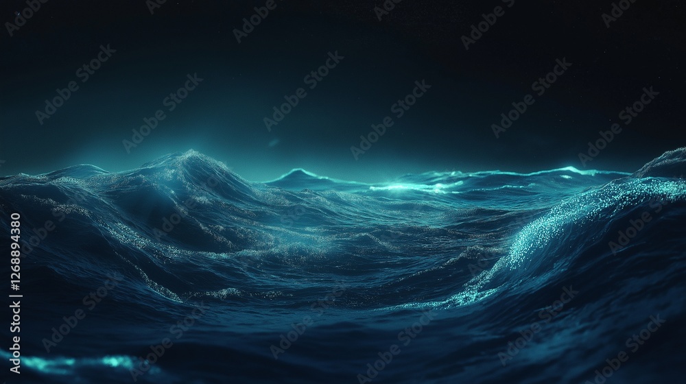 Fototapeta premium A mesmerizing display of synchronized bioluminescent plankton glowing in ocean waves at night.
